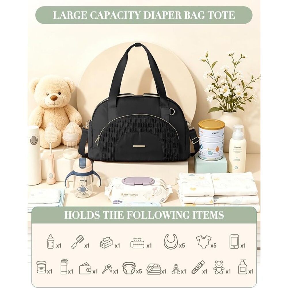 Large Black Diaper Bag Tote w/ Changing Pad Crossbody Travel Organizer - Picture 4 of 7